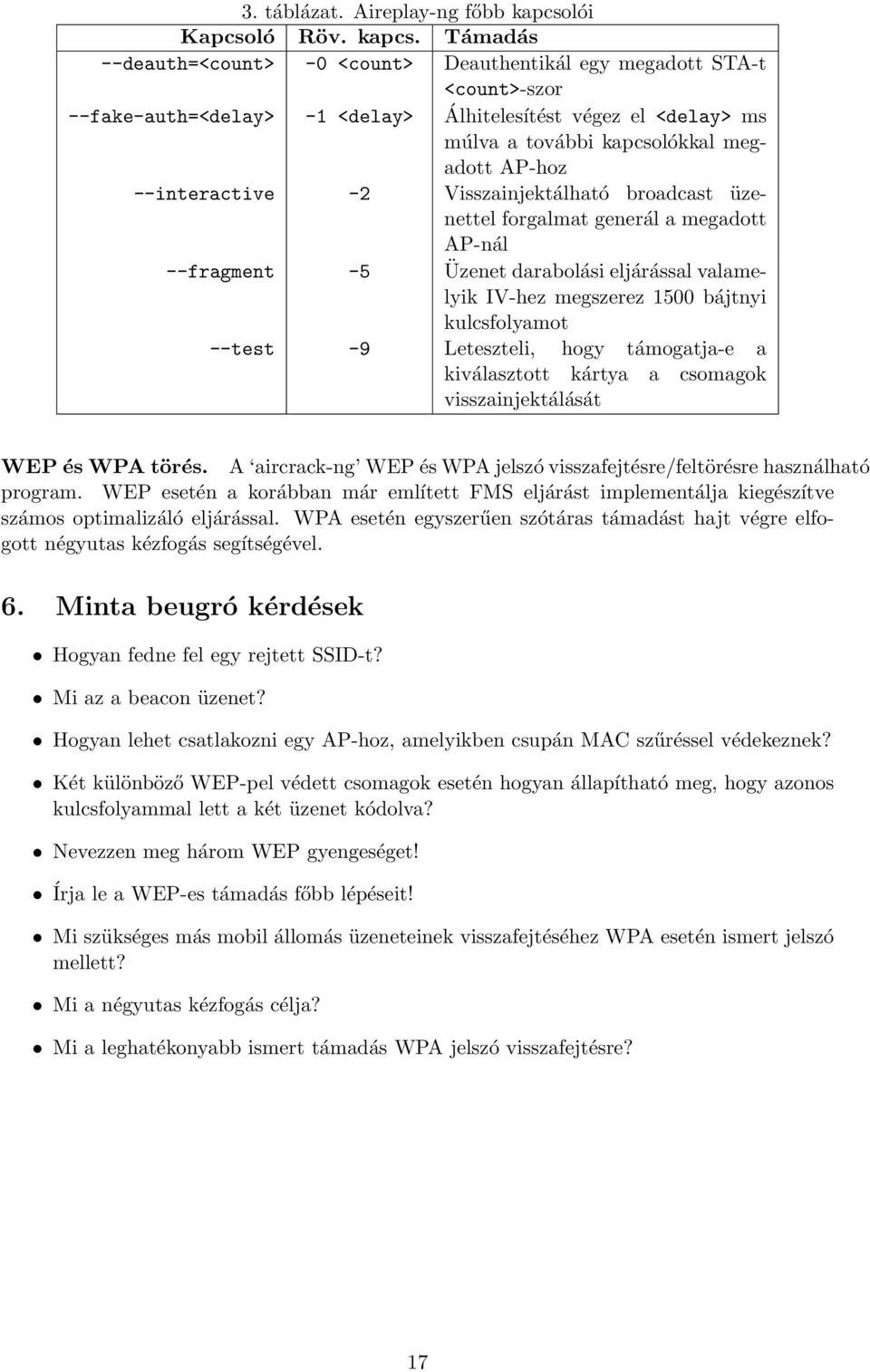 Támadás --deauth=<count> -0 <count> Deauthentikál egy megadott STA-t <count>-szor --fake-auth=<delay> -1 <delay> Álhitelesítést végez el <delay> ms múlva a további kapcsolókkal megadott AP-hoz