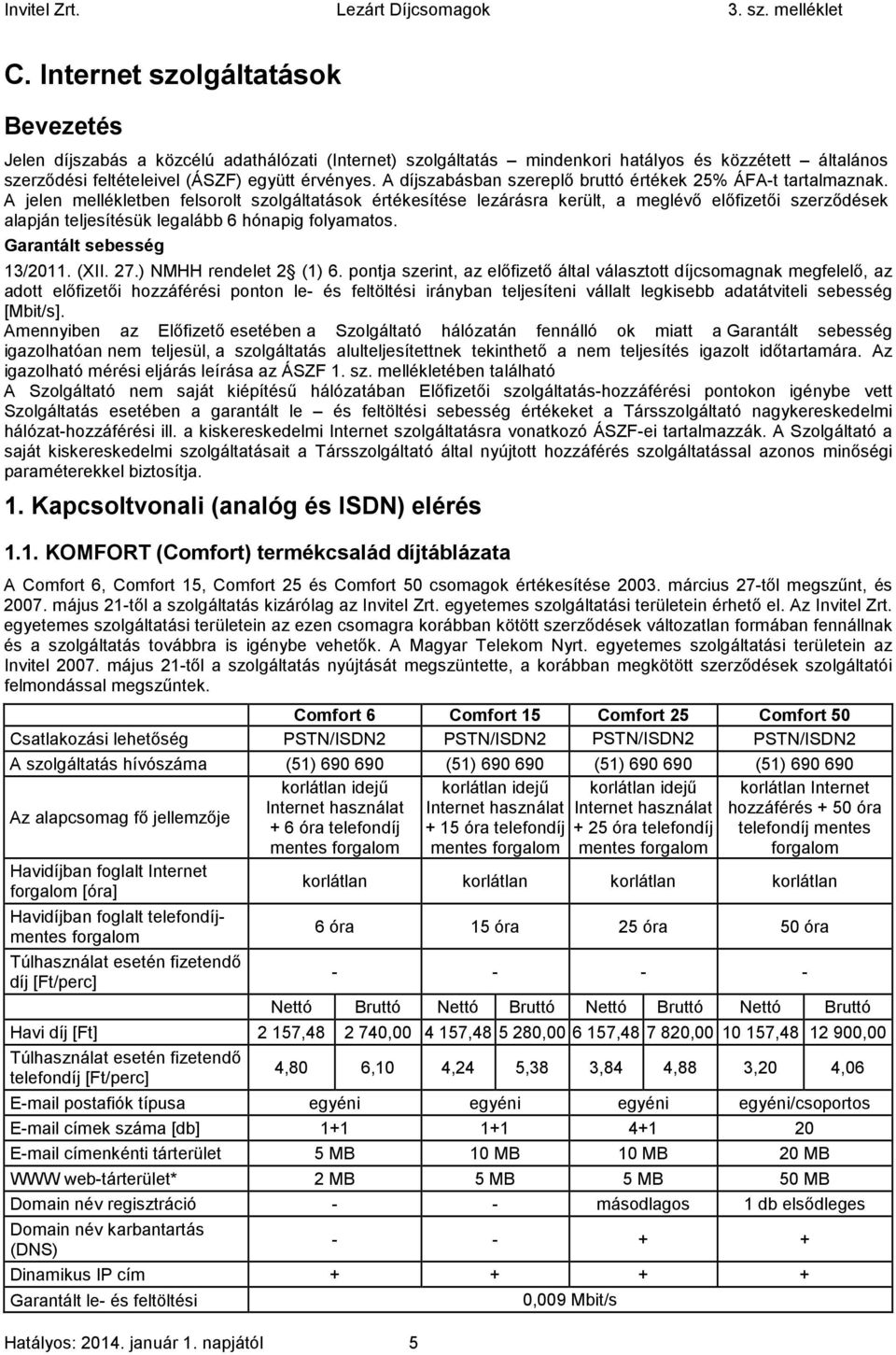 A jelen mellékletben felsorolt szolgáltatások értékesítése lezárásra került, a meglévő előfizetői szerződések alapján teljesítésük legalább 6 hónapig folyamatos. Garantált sebesség 13/2011. (XII. 27.