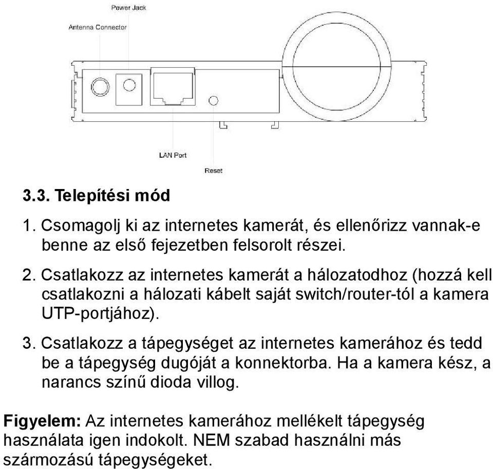 UTP-portjához). 3. Csatlakozz a tápegységet az internetes kamerához és tedd be a tápegység dugóját a konnektorba.