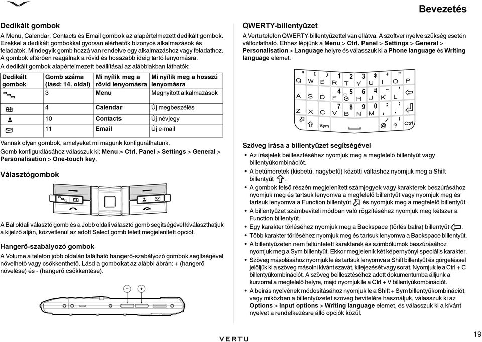 A gombok eltérően reagálnak a rövid és hosszabb ideig tartó lenyomásra. A dedikált gombok alapértelmezett beállításai az alábbiakban láthatók: A Vertu telefon QWERTY-billentyűzettel van ellátva.