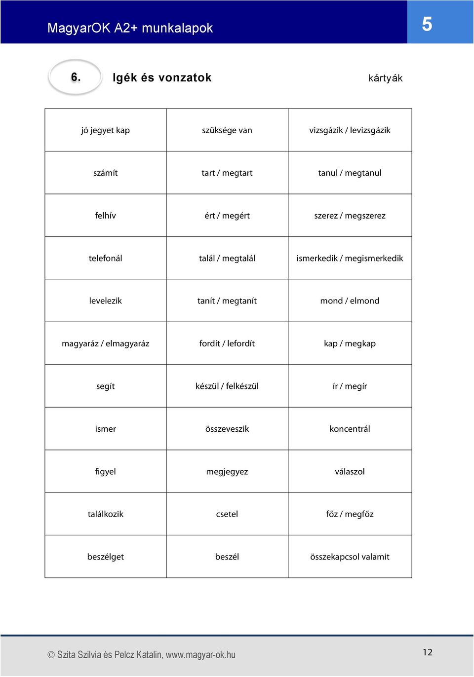 magyaráz / elmagyaráz fordít / lefordít kap / megkap segít készül / felkészül ír / megír ismer összeveszik koncentrál figyel