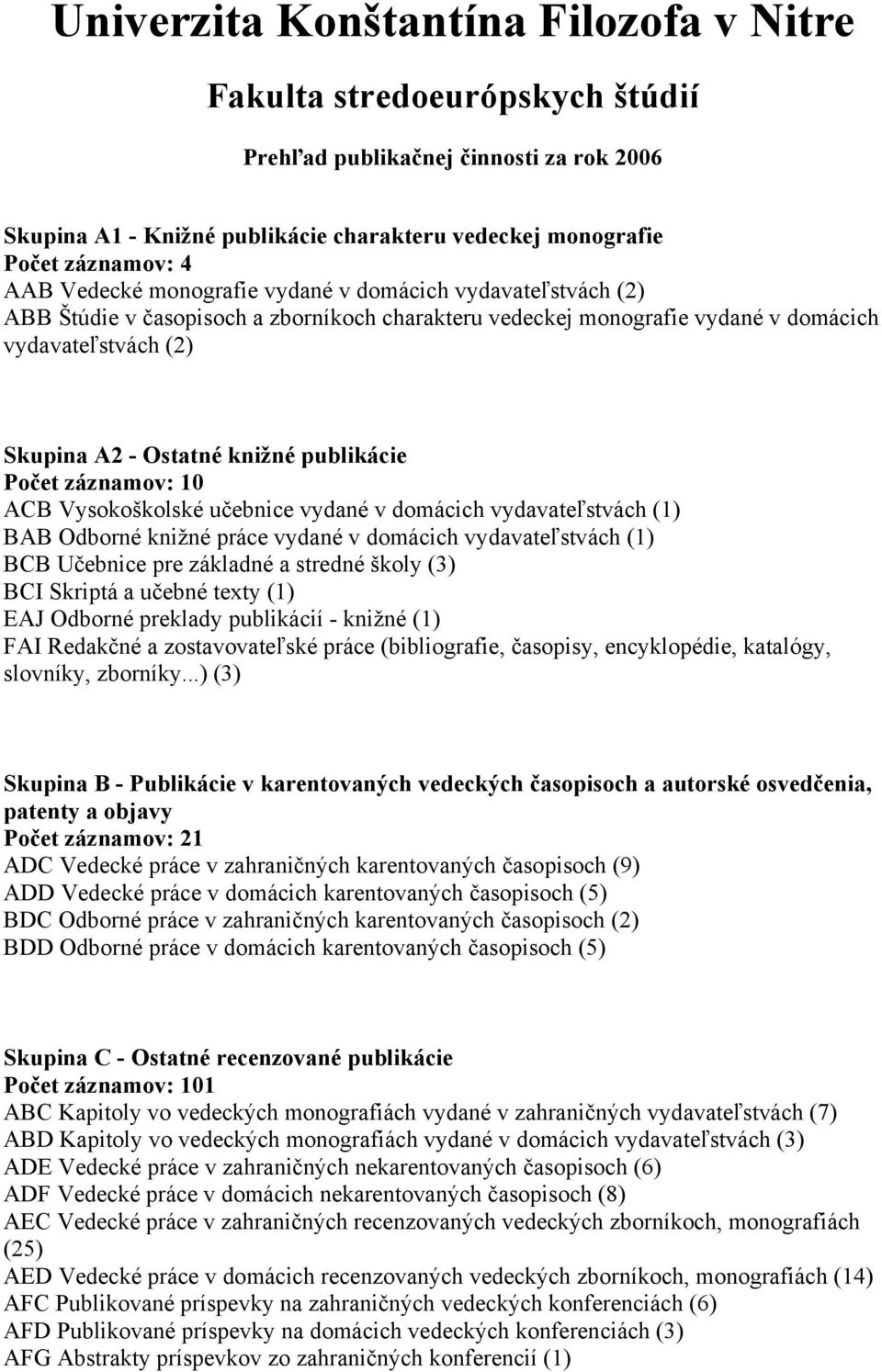 publikácie 0 ACB Vysokoškolské učebnice vydané v domácich vydavateľstvách (1) BAB Odborné knižné práce vydané v domácich vydavateľstvách (1) BCB Učebnice pre základné a stredné školy (3) BCI Skriptá