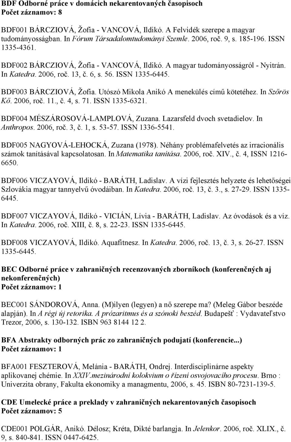 BDF003 BÁRCZIOVÁ, Žofia. Utószó Mikola Anikó A menekülés című kötetéhez. In Szőrös Kő. 2006, roč. 11., č. 4, s. 71. ISSN 1335-6321. BDF004 MÉSZÁROSOVÁ-LAMPLOVÁ, Zuzana. Lazarsfeld dvoch svetadielov.