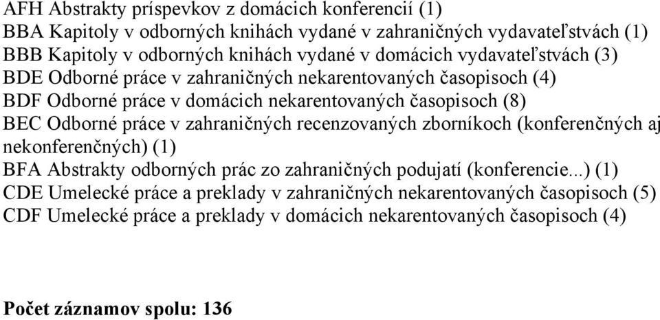 práce v zahraničných recenzovaných zborníkoch (konferenčných aj nekonferenčných) (1) BFA Abstrakty odborných prác zo zahraničných podujatí (konferencie.