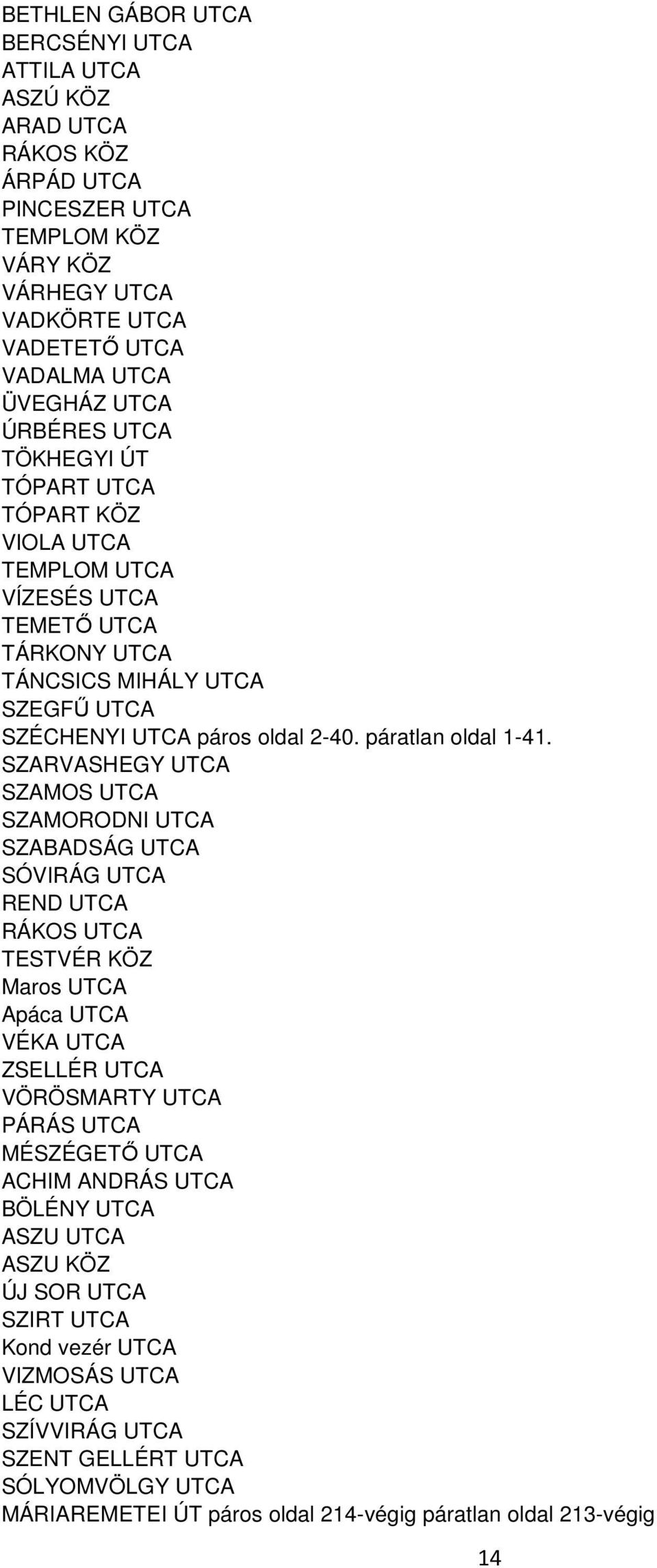 SZARVASHEGY UTCA SZAMOS UTCA SZAMORODNI UTCA SZABADSÁG UTCA SÓVIRÁG UTCA REND UTCA RÁKOS UTCA TESTVÉR KÖZ Maros UTCA Apáca UTCA VÉKA UTCA ZSELLÉR UTCA VÖRÖSMARTY UTCA PÁRÁS UTCA MÉSZÉGETŐ UTCA ACHIM