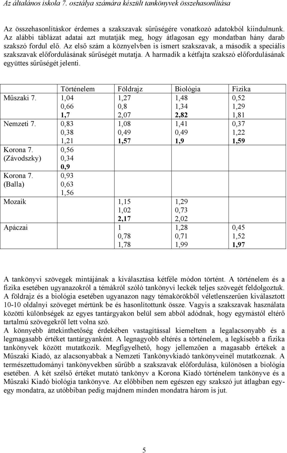 Az első szám a köznyelvben is ismert szakszavak, a második a speciális szakszavak előfordulásának sűrűségét mutatja. A harmadik a kétfajta szakszó előfordulásának együttes sűrűségét jelenti.