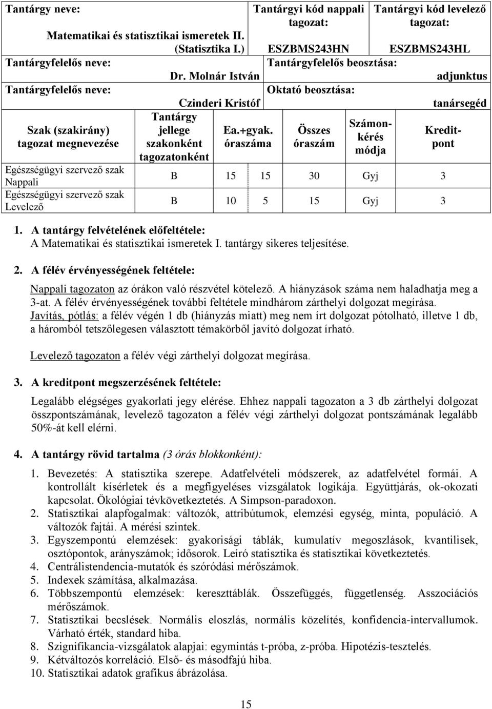 Összes Kreditkérés tagozat megnevezése szakonként óraszáma óraszám pont módja tagozatonként Nappali B 15 15 30 Gyj 3 Levelező B 10 5 15 Gyj 3 1.