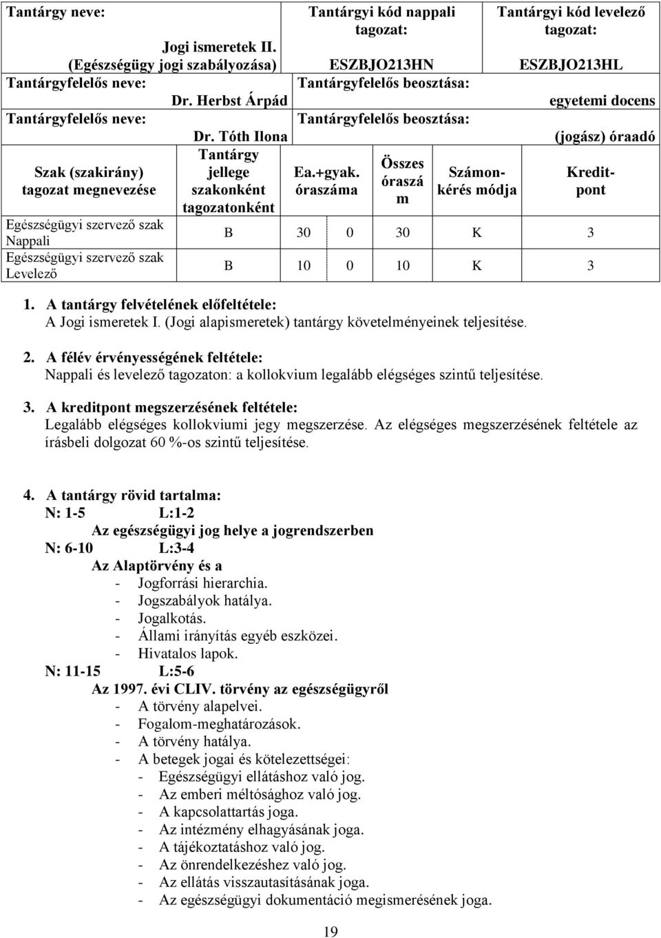 +gyak. óraszáma Összes óraszá m Számonkérés módja Tantárgyi kód levelező ESZBJO213HL egyetemi docens (jogász) óraadó Kreditpont B 30 0 30 K 3 B 10 0 10 K 3 1.