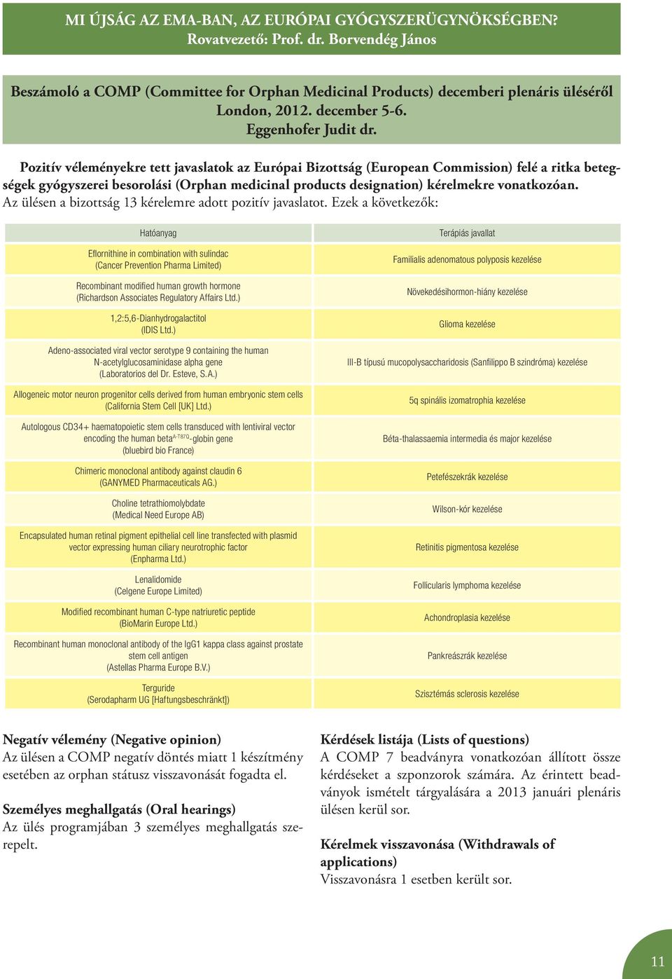 Pozitív véleményekre tett javaslatok az Európai Bizottság (European Commission) felé a ritka betegségek gyógyszerei besorolási (Orphan medicinal products designation) kérelmekre vonatkozóan.