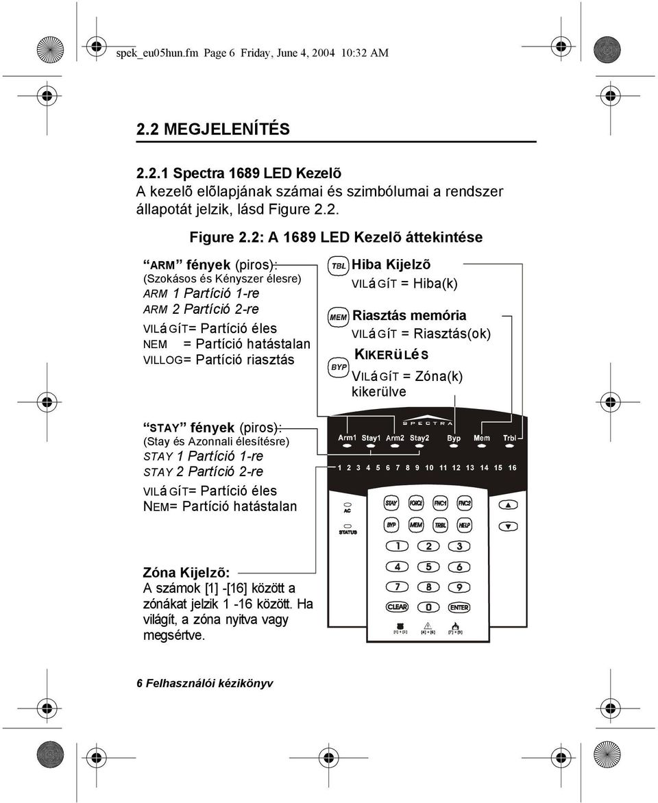 2: A 1689 LED Kezelõ áttekintése ARM fények (piros): (Szokásos és Kényszer élesre) ARM 1 Partíció 1-re ARM 2 Partíció 2-re VILáGíT= Partíció éles NEM = Partíció hatástalan VILLOG= Partíció riasztás