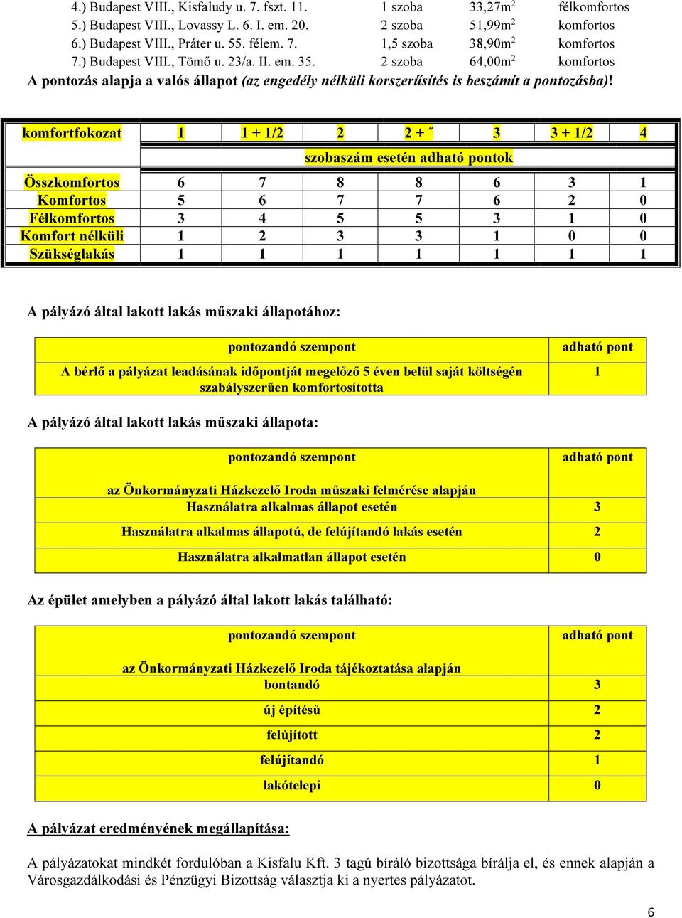 komfortfokozat 1 1 + 1/2 2 2 + 3 3 + 1/2 4 szobaszám esetén ok Össz 6 7 8 8 6 3 1 Komfortos 5 6 7 7 6 2 0 Fél 3 4 5 5 3 1 0 Komfort nélküli 1 2 3 3 1 0 0 Szükséglakás 1 1 1 1 1 1 1 A pályázó által