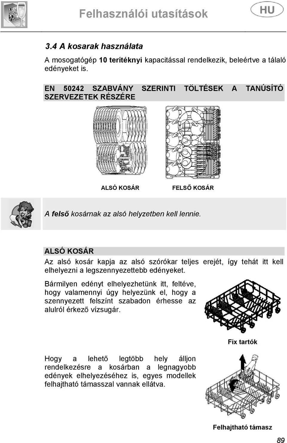 ALSÓ KOSÁR Az alsó kosár kapja az alsó szórókar teljes erejét, így tehát itt kell elhelyezni a legszennyezettebb edényeket.