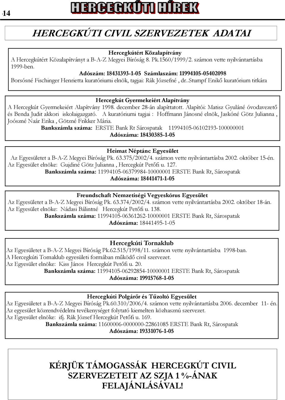 .stumpf Enikő kuratórium titkára Hercegkút Gyermekeiért Alapítvány A Hercegkút Gyermekeiért Alapítvány 1998. december 28-án alapíttatott.