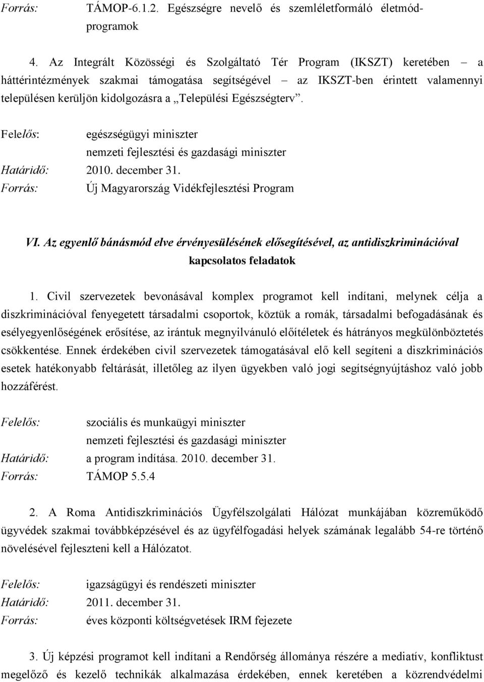 Egészségterv. Felelős: egészségügyi miniszter nemzeti fejlesztési és gazdasági miniszter Határidő: 2010. december 31. Forrás: Új Magyarország Vidékfejlesztési Program VI.