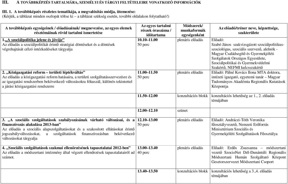 ) A továbbképzés egységeinek / előadásainak/ megnevezése, az egyes elemek résztémáinak rövid tartalmi ismertetése 1.