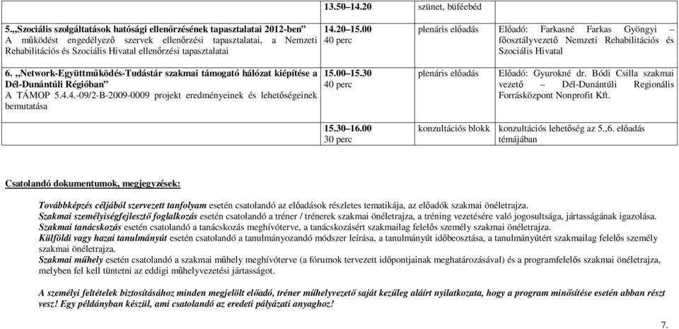 tapasztalatai 14.20 15.00 40 perc plenáris előadás Előadó: Farkasné Farkas Gyöngyi főosztályvezető Nemzeti Rehabilitációs és Szociális Hivatal 6.