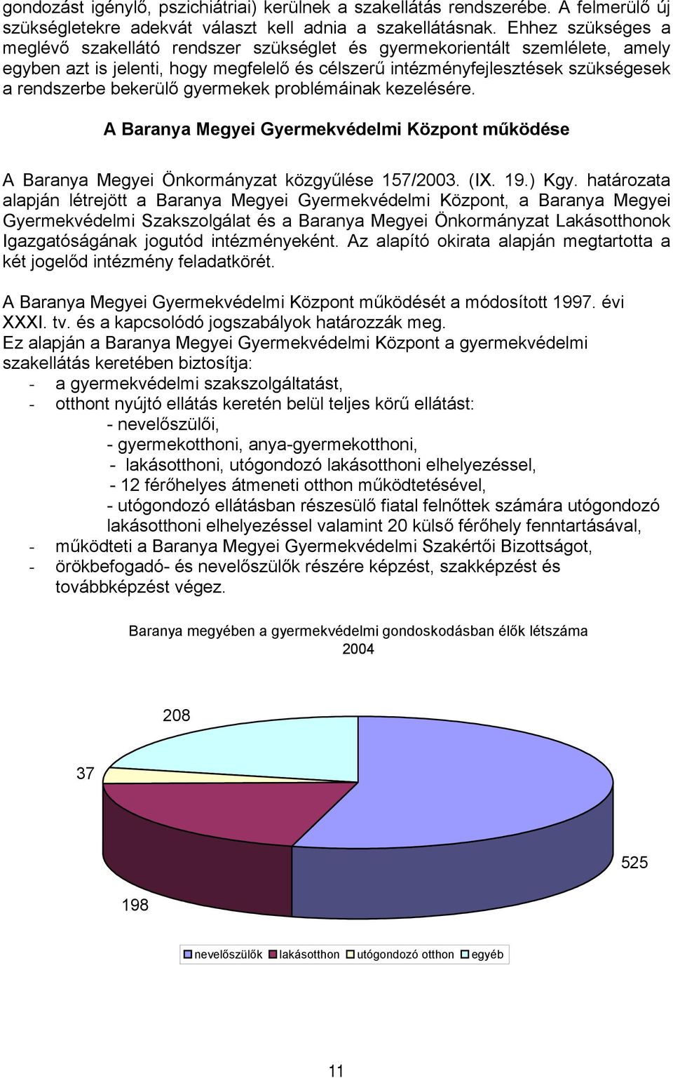 bekerülő gyermekek problémáinak kezelésére. A Baranya Megyei Gyermekvédelmi Központ működése A Baranya Megyei Önkormányzat közgyűlése 157/2003. (IX. 19.) Kgy.