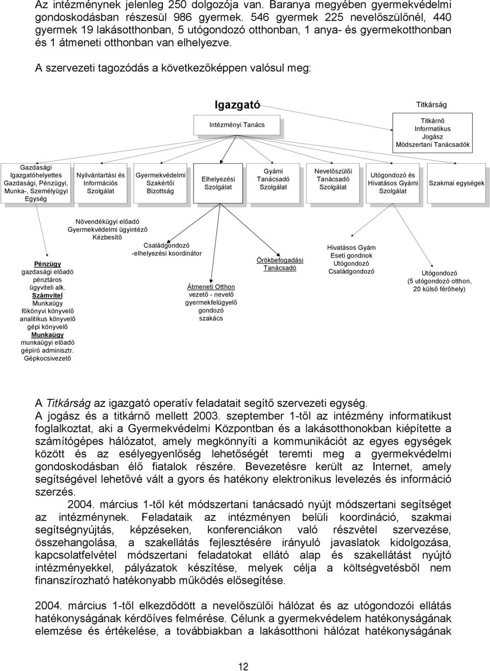 A szervezeti tagozódás a következőképpen valósul meg: Igazgató Intézményi Tanács Titkárság Titkárnő Informatikus Jogász Módszertani Tanácsadók Gazdasági Igazgatóhelyettes Gazdasági, Pénzügyi, Munka-,