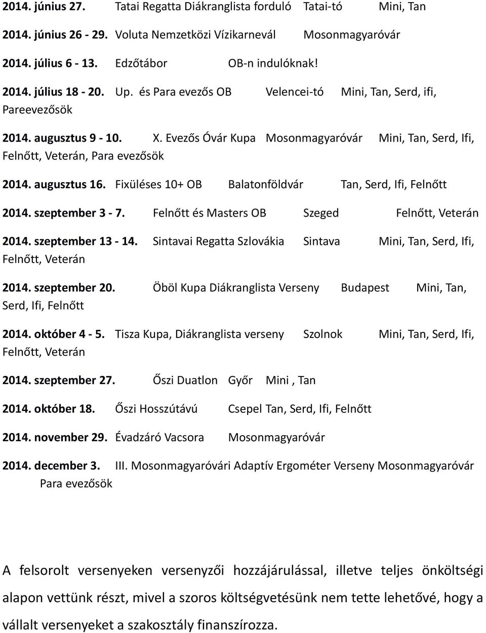 Fixüléses 10+ OB Balatonföldvár Tan, Serd, Ifi, Felnőtt 2014. szeptember 3-7. Felnőtt és Masters OB Szeged Felnőtt, Veterán 2014. szeptember 13-14.