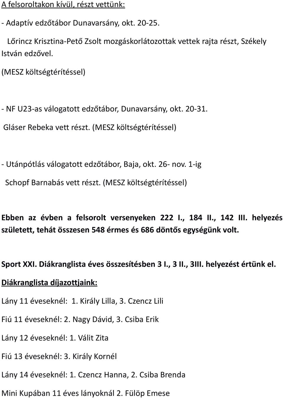 1-ig Schopf Barnabás vett részt. (MESZ költségtérítéssel) Ebben az évben a felsorolt versenyeken 222 I., 184 II., 142 III. helyezés született, tehát összesen 548 érmes és 686 döntős egységünk volt.