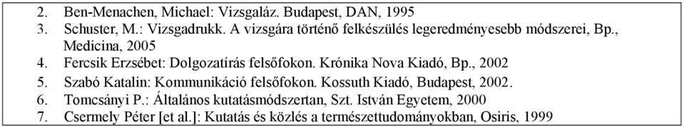 Fercsik Erzsébet: Dolgozatírás felsőfokon. Krónika Nova Kiadó, Bp., 2002 5. Szabó Katalin: Kommunikáció felsőfokon.