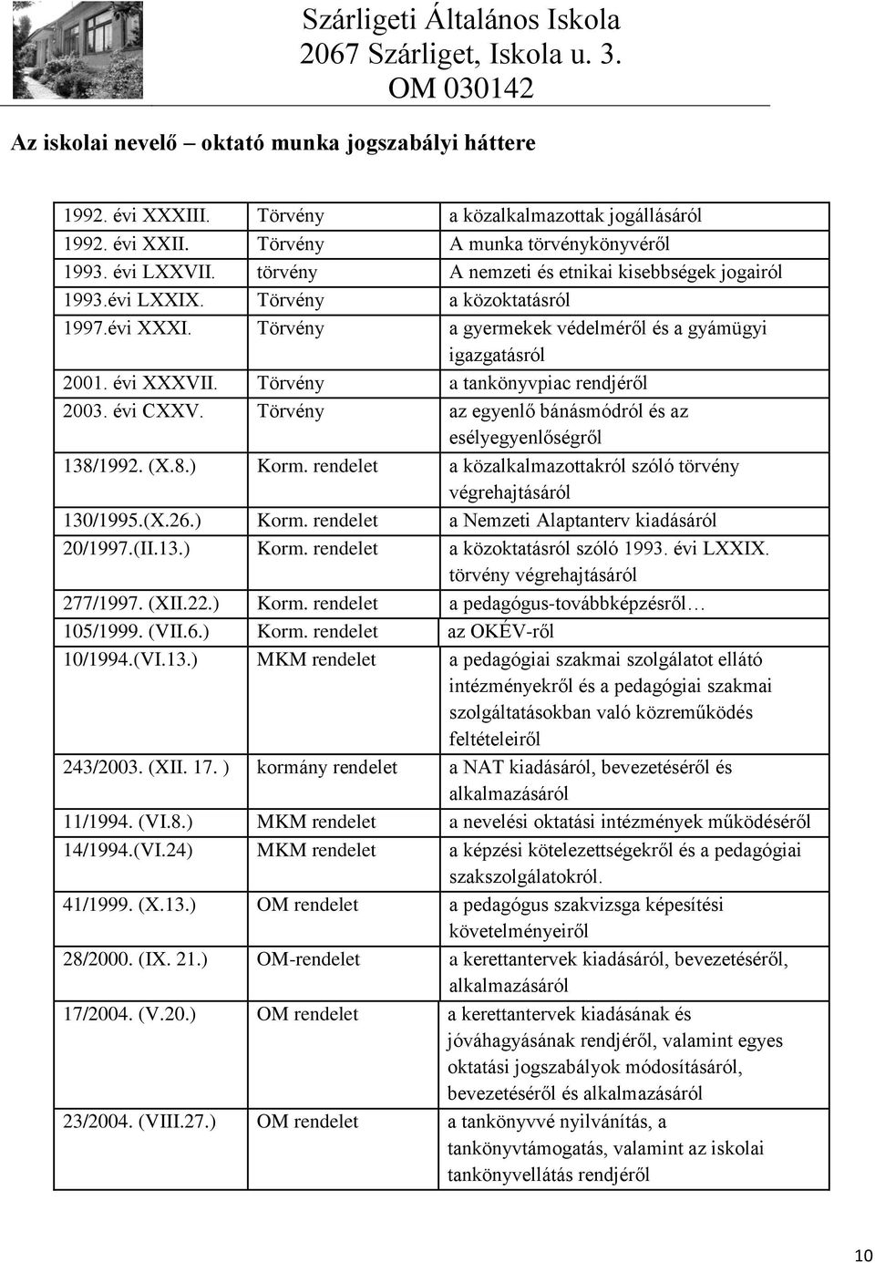 Törvény a tankönyvpiac rendjéről 2003. évi CXXV. Törvény az egyenlő bánásmódról és az esélyegyenlőségről 138/1992. (X.8.) Korm. rendelet a közalkalmazottakról szóló törvény végrehajtásáról 130/1995.