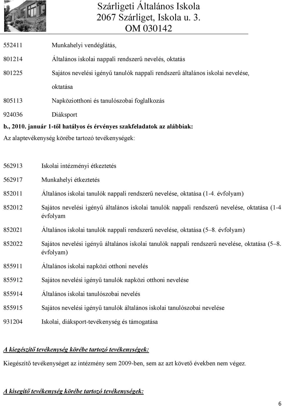 január 1-től hatályos és érvényes szakfeladatok az alábbiak: Az alaptevékenység körébe tartozó tevékenységek: 562913 Iskolai intézményi étkeztetés 562917 Munkahelyi étkeztetés 852011 Általános