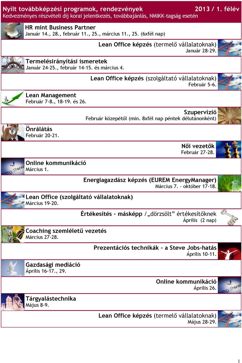 Lean Office (szolgáltató vállalatoknak) Március 19-20. Coaching szemléletű vezetés Március 27-28. Gazdasági mediáció Április 16-17., 29. Tárgyalástechnika Május 8-9. 2013 / 1.