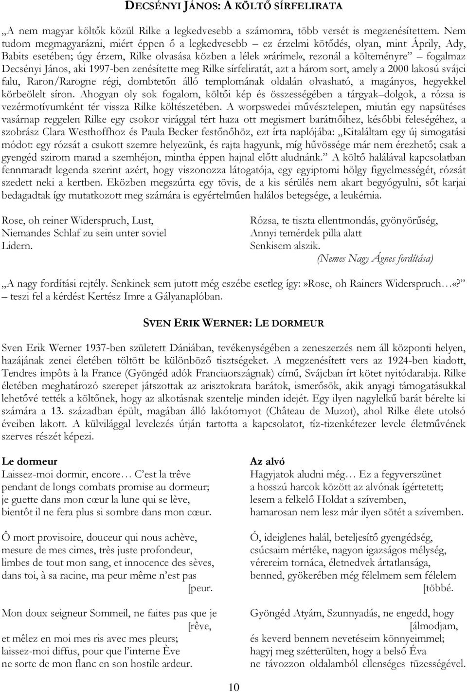 Decsényi János, aki 1997-ben zenésítette meg Rilke sírfeliratát, azt a három sort, amely a 2000 lakosú svájci falu, Raron/Rarogne régi, dombtetőn álló templomának oldalán olvasható, a magányos,