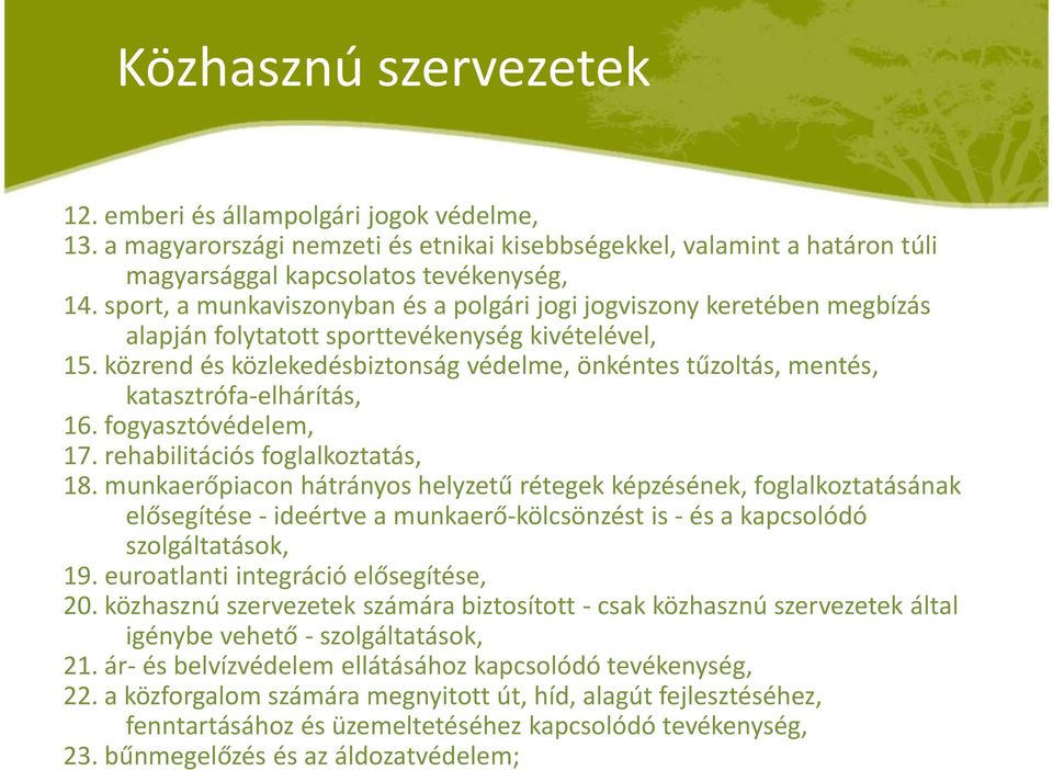 közrend és közlekedésbiztonság védelme, önkéntes tűzoltás, mentés, katasztrófa-elhárítás, 16. fogyasztóvédelem, 17. rehabilitációs foglalkoztatás, 18.