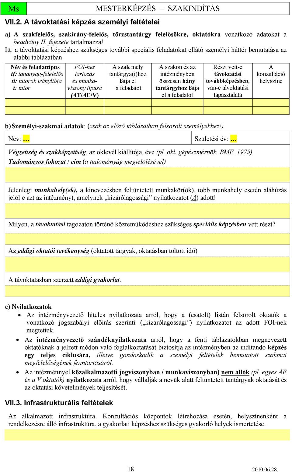 Név és feladattípus tf: tananyag-felelelős ti: tutorok irányítója t: tutor FOI-hez tartozás és munkaviszony típusa (AT/AE/V) A szak mely tantárgya(i)hoz látja el a feladatot A szakon és az