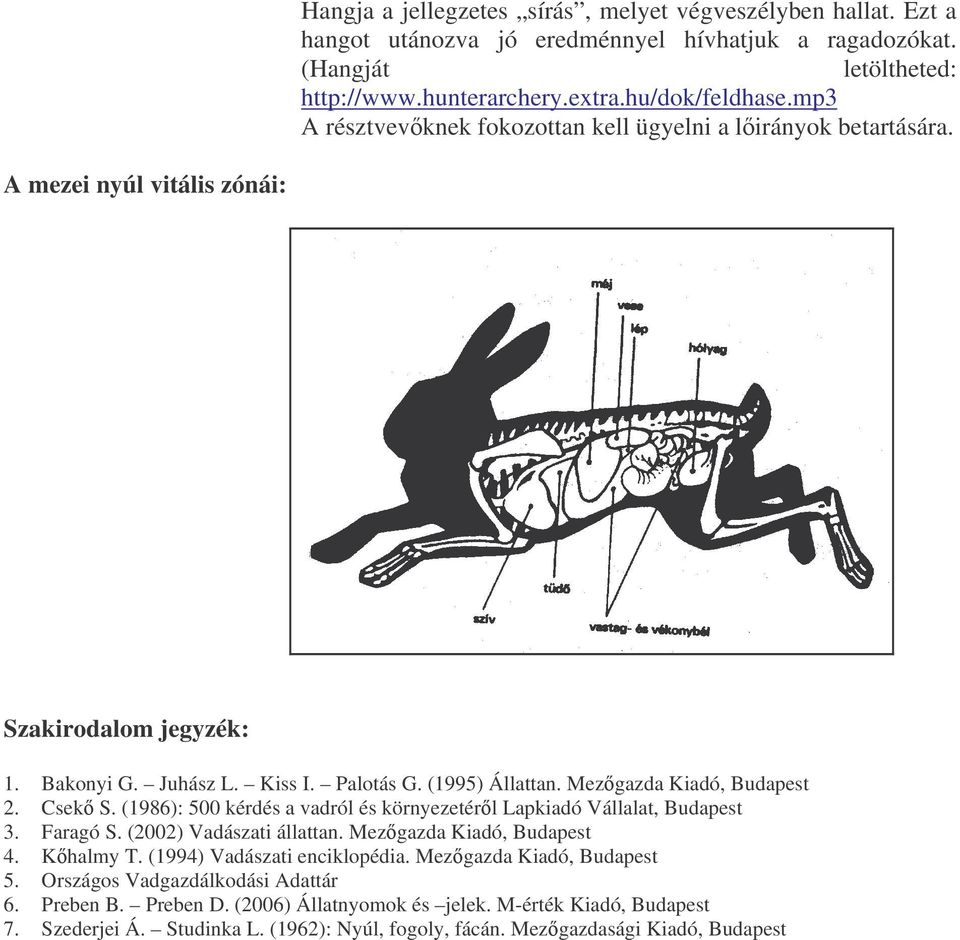 Mezgazda Kiadó, Budapest 2. Csek S. (1986): 500 kérdés a vadról és környezetérl Lapkiadó Vállalat, Budapest 3. Faragó S. (2002) Vadászati állattan. Mezgazda Kiadó, Budapest 4. Khalmy T.