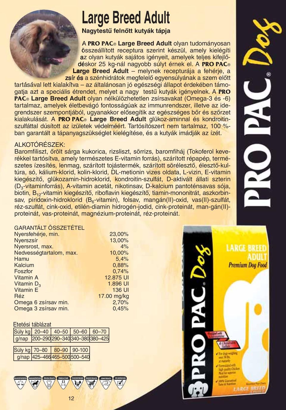 A PRO PAC Large Breed Adult melynek recepturája a fehérje, a zsír és a szénhidrátok megfelelô egyensúlyának a szem elôtt tartásával lett kialakítva az általánosan jó egészségi állapot érdekében