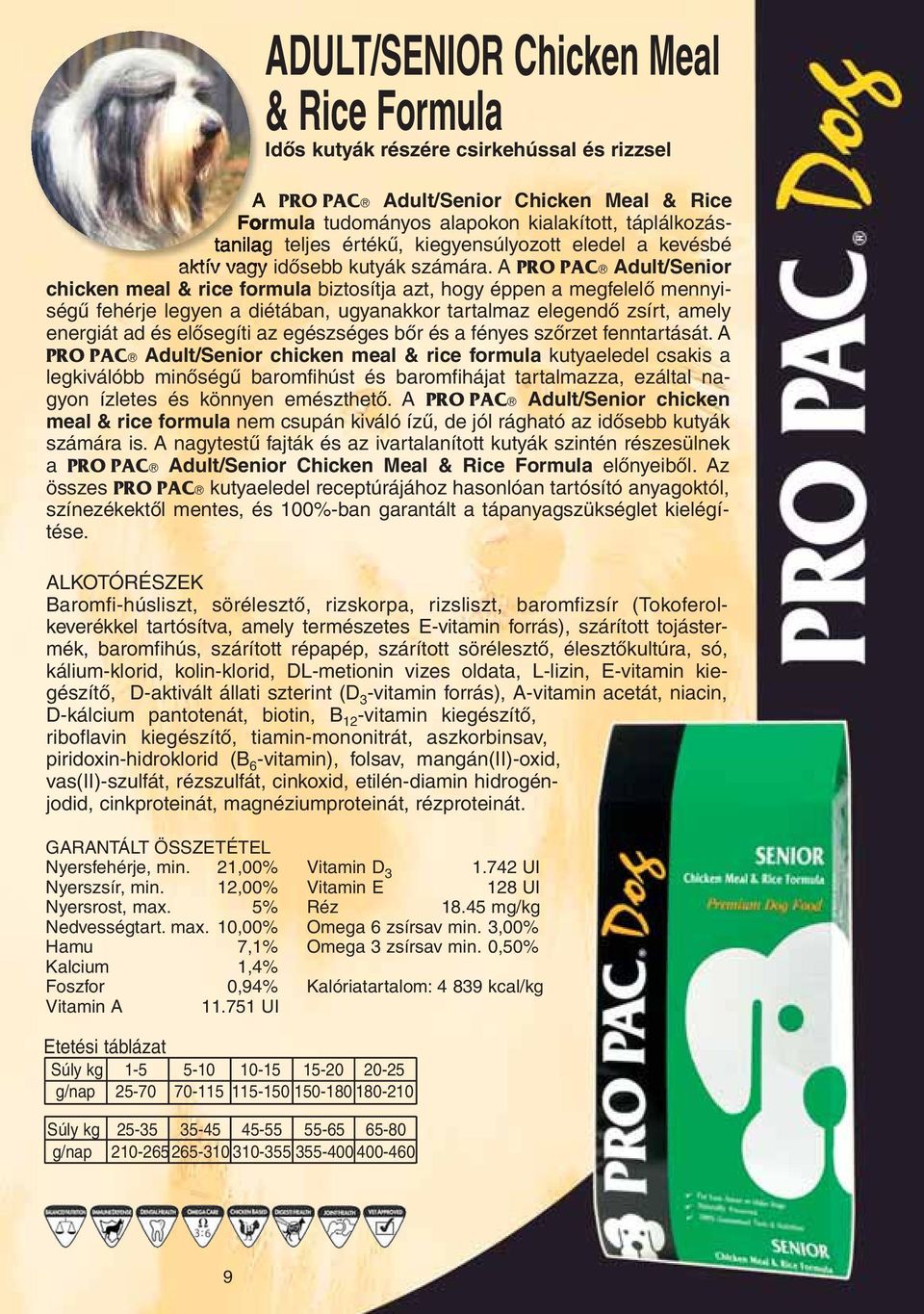 A PRO PAC Adult/Senior chicken meal & rice formula biztosítja azt, hogy éppen a megfelelô mennyiségû fehérje legyen a diétában, ugyanakkor tartalmaz elegendô zsírt, amely energiát ad és elôsegíti az
