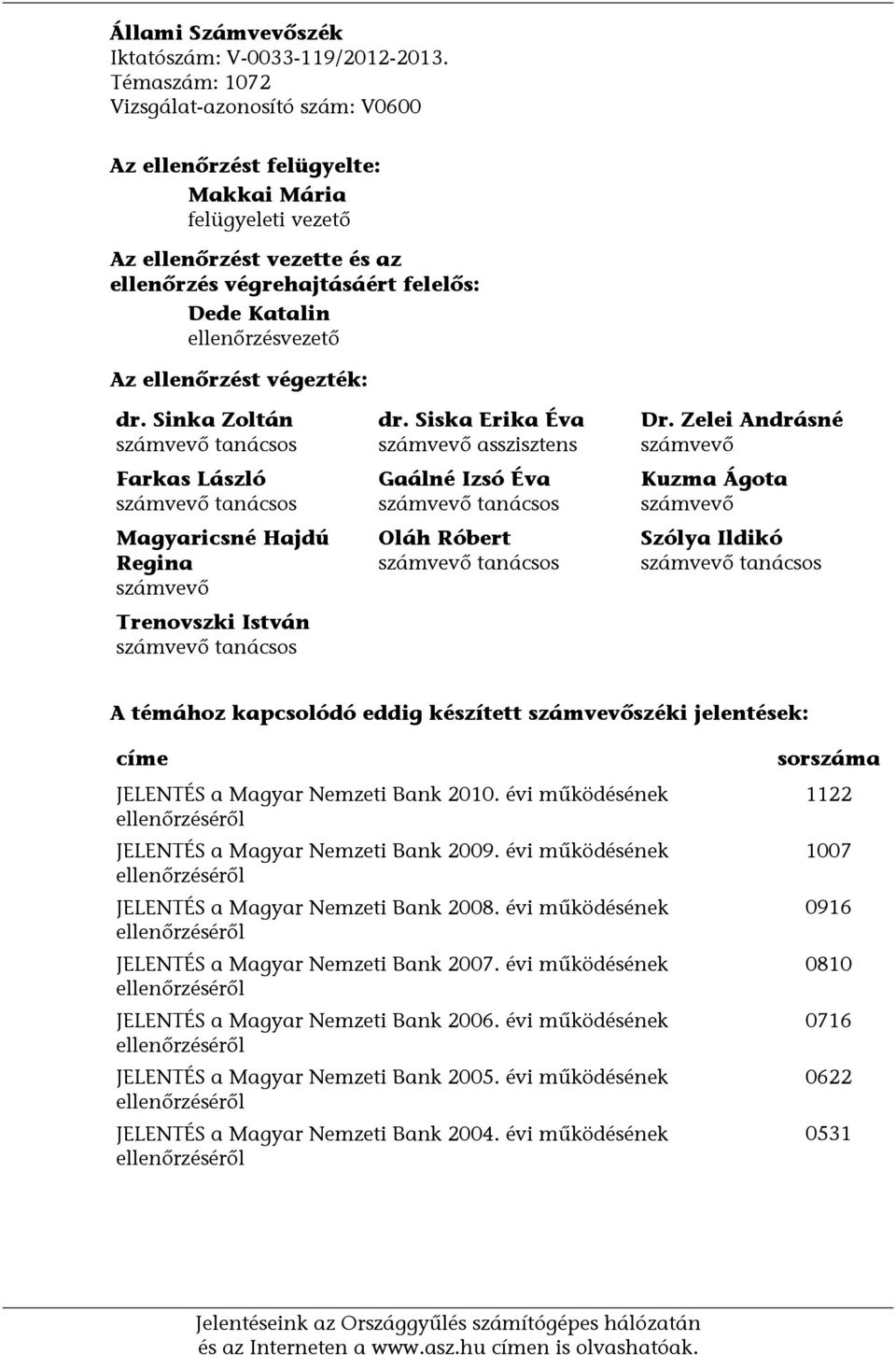 ellenőrzésvezető Az ellenőrzést végezték: dr. Sinka Zoltán számvevő tanácsos Farkas László számvevő tanácsos Magyaricsné Hajdú Regina számvevő Trenovszki István számvevő tanácsos dr.