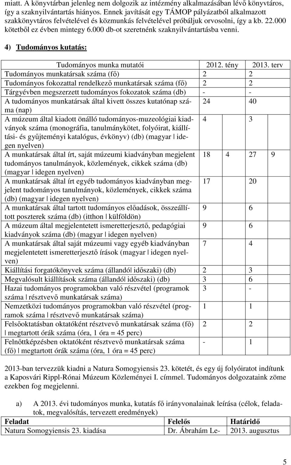 000 db-ot szeretnénk szaknyilvántartásba venni. 4) Tudományos kutatás: Tudományos munka mutatói 2012. tény 2013.