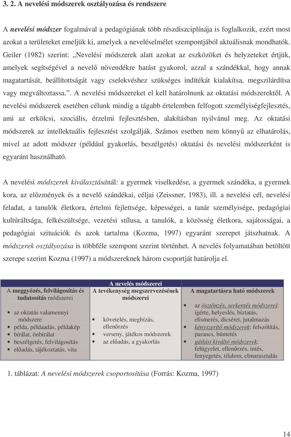 Geiler (1982) szerint: Nevelési módszerek alatt azokat az eszközöket és helyzeteket értjük, amelyek segítségével a nevel növendékre hatást gyakorol, azzal a szándékkal, hogy annak magatartását,