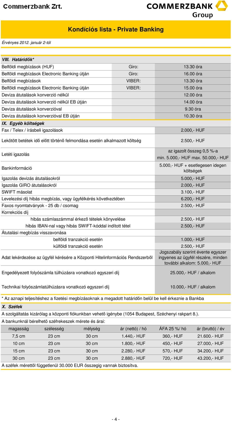 00 óra Deviza átutalások konverzióval 9.30 óra Deviza átutalások konverzióval EB útján 10.30 óra IX. Egyéb költségek Fax / Telex / írásbeli igazolások 2.