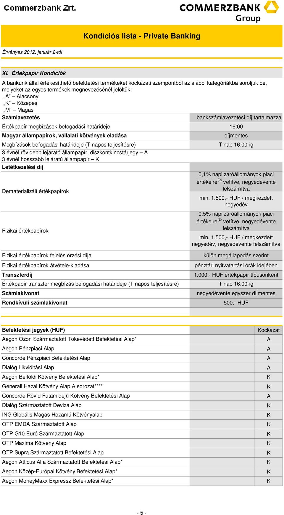 agas Számlavezetés bankszámlavezetési díj tartalmazza Értékpapír megbízások befogadási határideje agyar állampapírok, vállalati kötvények eladása egbízások befogadási határideje (T napos