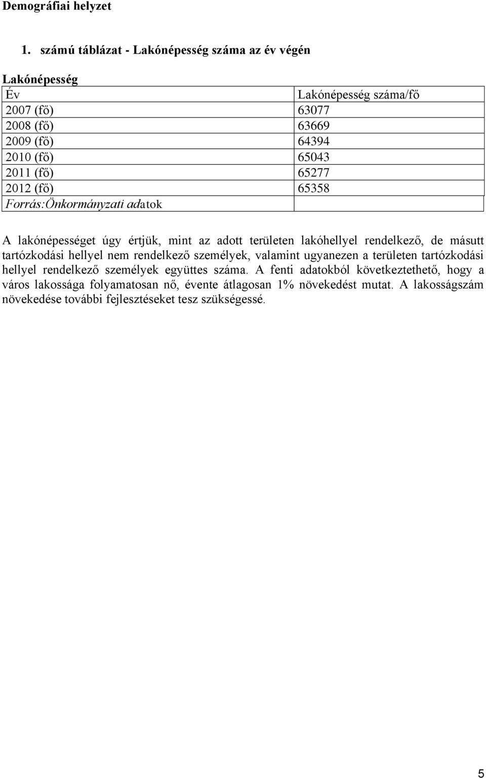 2012 (fő) 65358 Forrás:Önkormányzati adatok A lakónépességet úgy értjük, mint az adott területen lakóhellyel rendelkező, de másutt tartózkodási hellyel