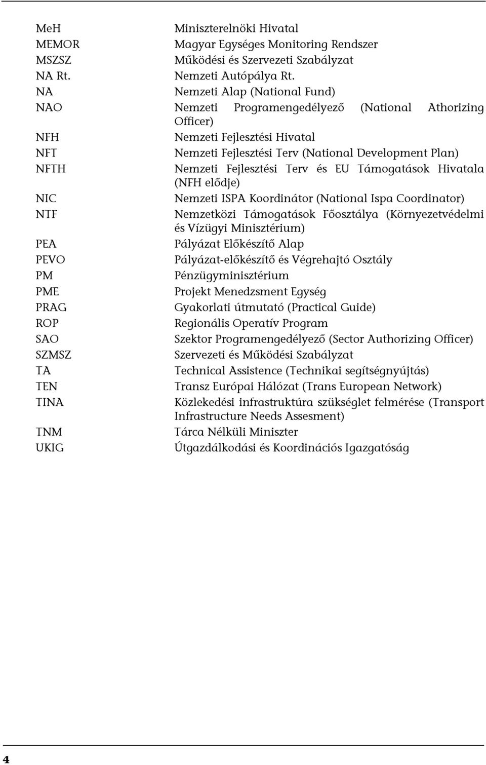 Fejlesztési Terv és EU Támogatások Hivatala (NFH elődje) NIC Nemzeti ISPA Koordinátor (National Ispa Coordinator) NTF Nemzetközi Támogatások Főosztálya (Környezetvédelmi és Vízügyi Minisztérium) PEA