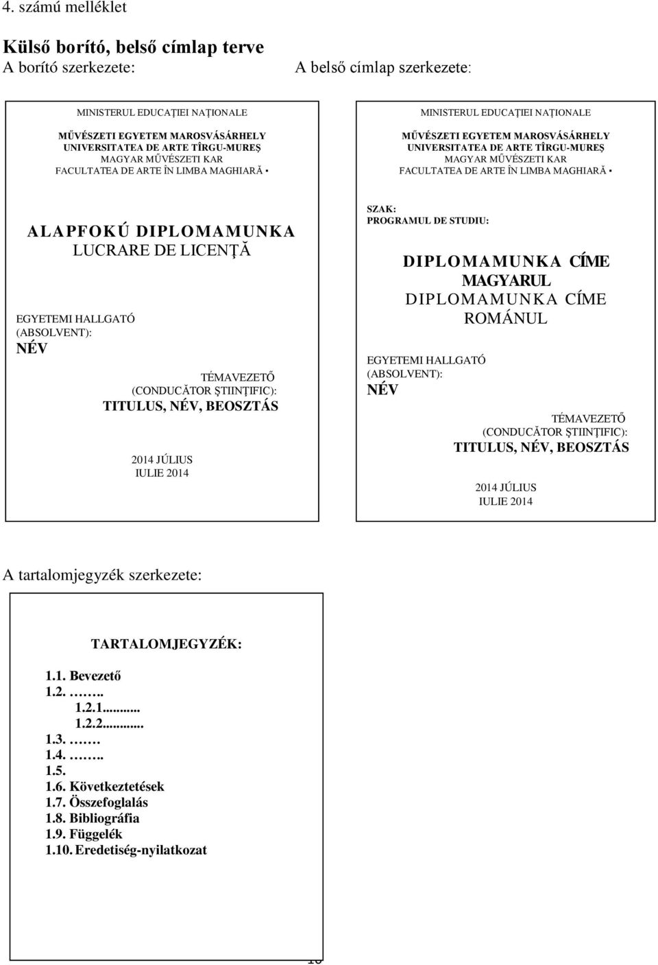 LIMBA MAGHIARĂ ALAPFOKÚ DIPLOMAMUNKA LUCRARE DE LICENŢĂ EGYETEMI HALLGATÓ (ABSOLVENT): NÉV TÉMAVEZETŐ (CONDUCĂTOR ŞTIINŢIFIC): TITULUS, NÉV, BEOSZTÁS A tartalomjegyzék szerkezete: 2014 JÚLIUS IULIE