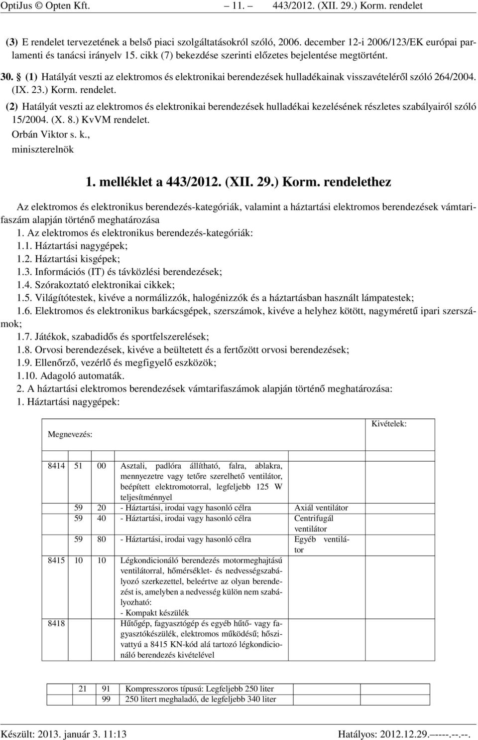 (2) Hatályát veszti az elektromos és elektronikai hulladékai kezelésének részletes szabályairól szóló 15/2004. (X. 8.) KvVM rendelet. Orbán Viktor s. k., miniszterelnök 1. melléklet a 443/2012. (XII.