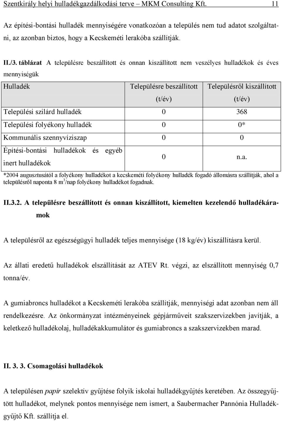 táblázat A településre beszállított és onnan kiszállított nem veszélyes hulladékok és éves mennyiségük Hulladék Településre beszállított (t/év) Településről kiszállított (t/év) Települési szilárd