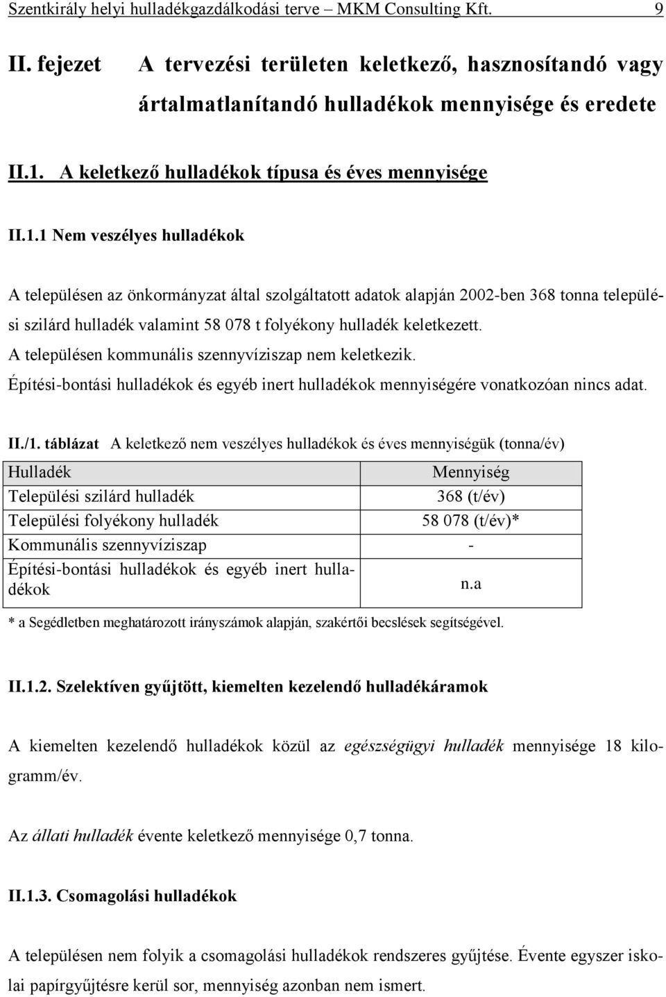 1 Nem veszélyes hulladékok A településen az önkormányzat által szolgáltatott adatok alapján 2002-ben 368 tonna települési szilárd hulladék valamint 58 078 t folyékony hulladék keletkezett.