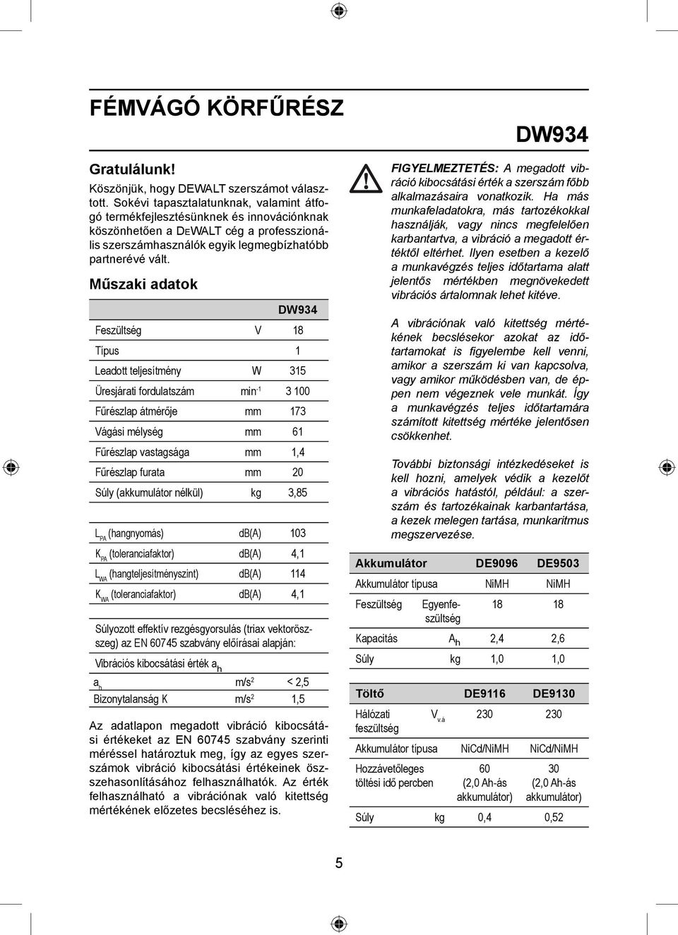 Műszaki adatok DW934 Feszültség V 18 Típus 1 Leadott teljesítmény W 315 Üresjárati fordulatszám min -1 3 100 Fűrészlap átmérője mm 173 Vágási mélység mm 61 Fűrészlap vastagsága mm 1,4 Fűrészlap