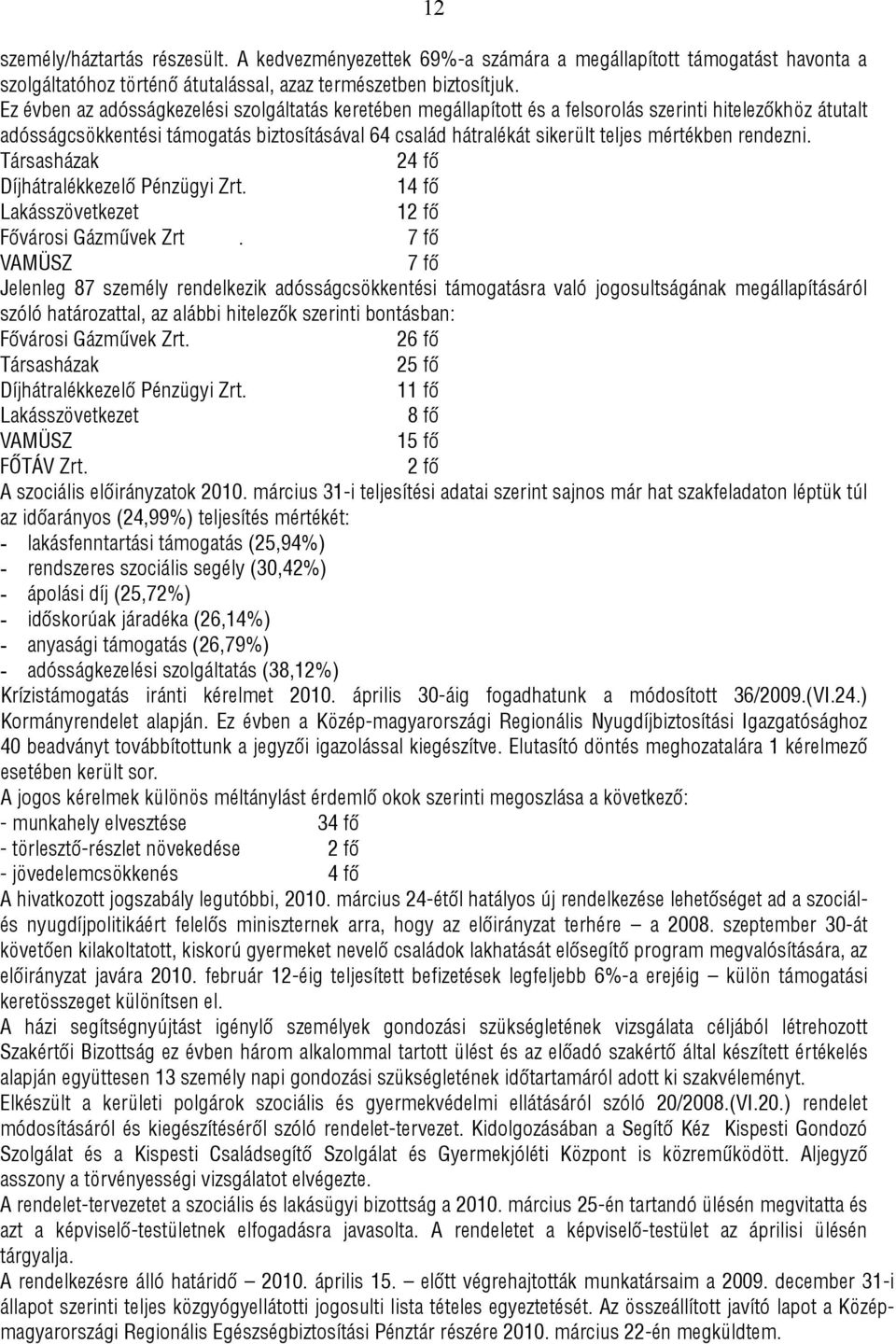 mértékben rendezni. Társasházak 24 fő Díjhátralékkezelő Pénzügyi Zrt. 14 fő Lakásszövetkezet 12 fő Fővárosi Gázművek Zrt.