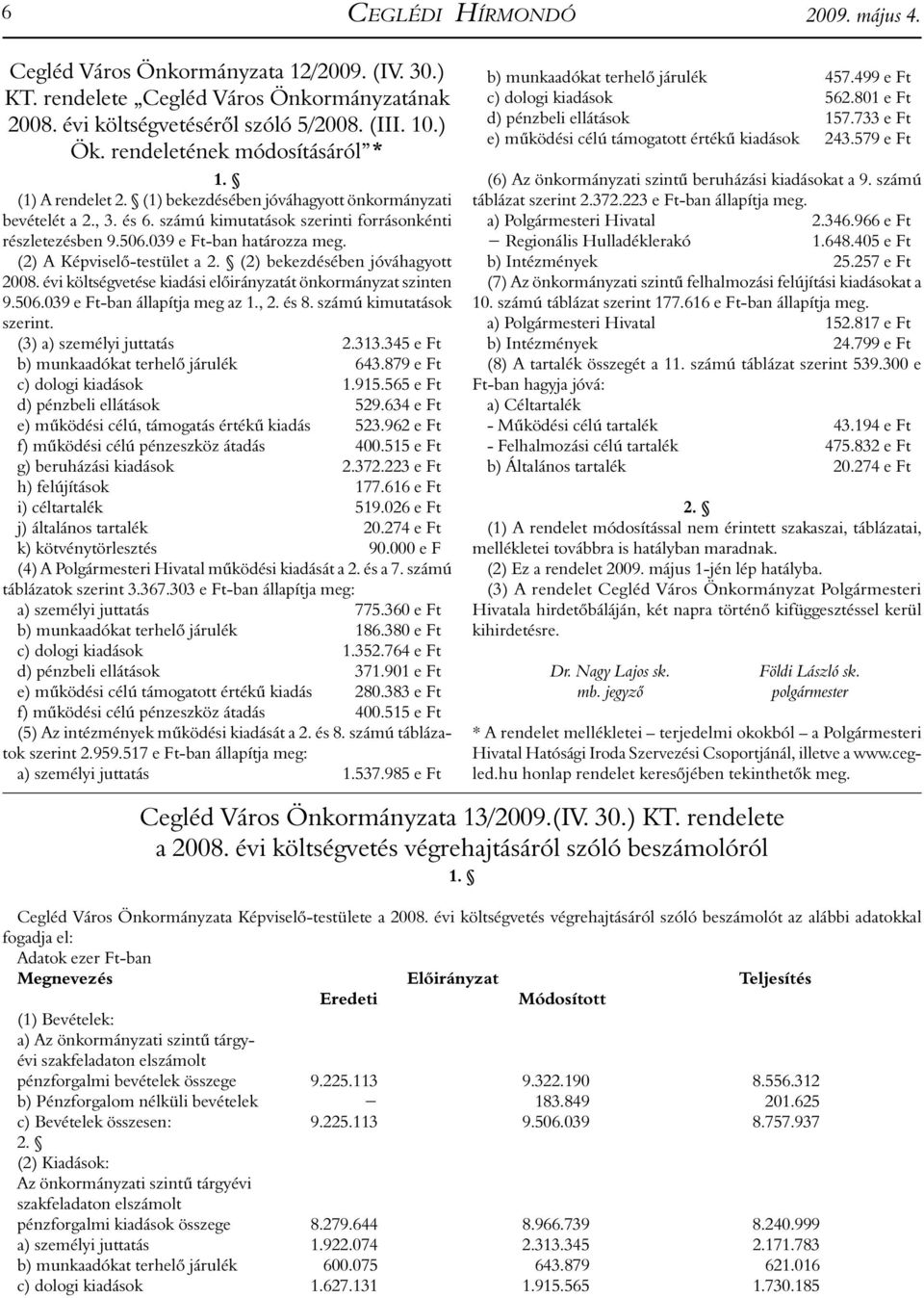 039 e Ft-ban határozza meg. (2) A Képviselő-testület a 2. (2) bekezdésében jóváhagyott 2008. évi költségvetése kiadási előirányzatát önkormányzat szinten 9.506.039 e Ft-ban állapítja meg az 1., 2.