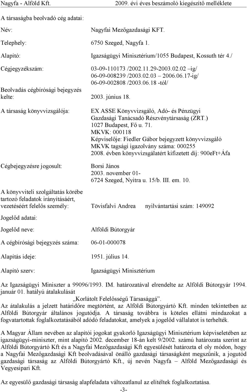 A társaság könyvvizsgálója: Cégbejegyzésre jogosult: EX ASSE Könyvvizsgáló, Adó- és Pénzügyi Gazdasági Tanácsadó Részvénytársaság (ZRT.) 1027 Budapest, Fő u. 71.