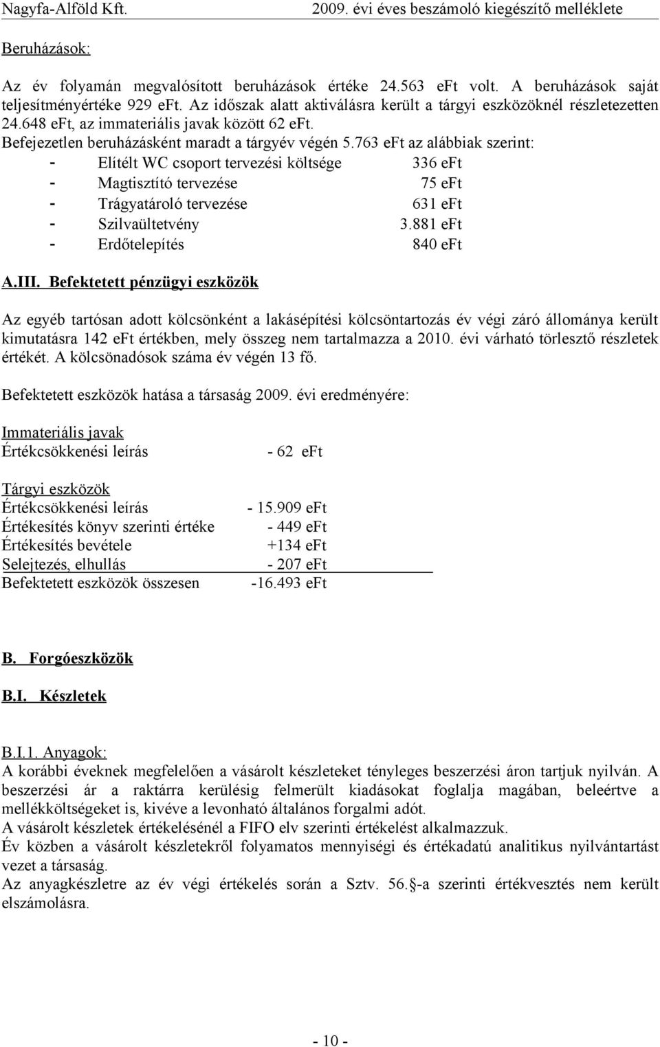 763 eft az alábbiak szerint: - Elítélt WC csoport tervezési költsége 336 eft - Magtisztító tervezése 75 eft - Trágyatároló tervezése 631 eft - Szilvaültetvény 3.881 eft - Erdőtelepítés 840 eft A.III.